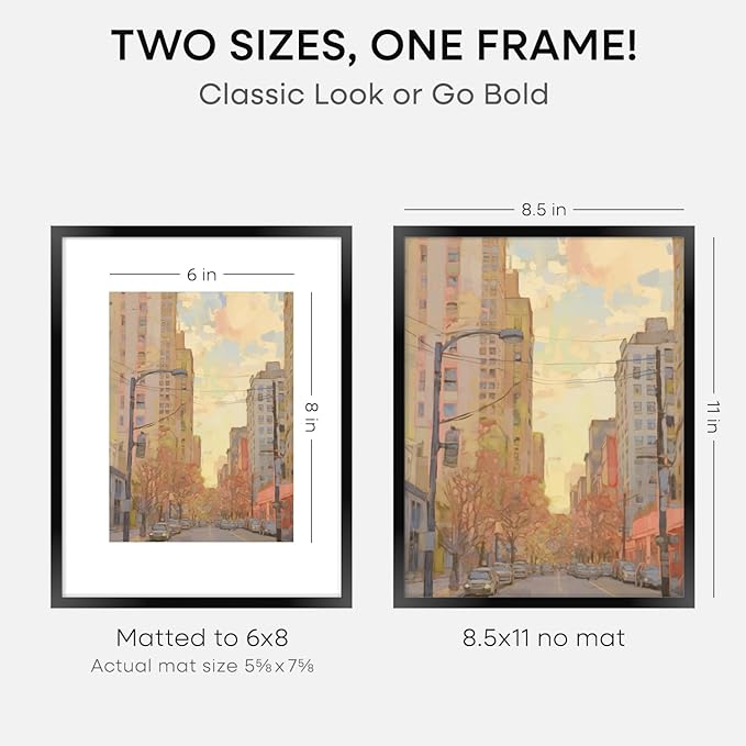 Homeforia Black Picture Frame 8.5 x 11, High End Metal 8.5x11 Poster Frames with Mat 6x8 Photo, 8.5 x 11 Frame Matted to 6 by 8 Art, 8.5by11 Wall or Tabletop Frames, Tempered Glass, Wall Kit, Set of 1