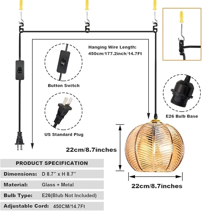 Plug in Glass Pendant Light Mid-Century Modern Striped Amber Glass Hanging Ceiling Lighting Fixture with 14.7FT Cord, Globe Decor Chandelier For Living Room, Bedroom, Dining Hall, Kitchen (Amber)