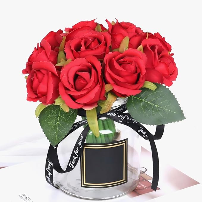 Jasion Artificial Flowers 12pcs Silk Realistic Roses DIY Bouquet for Home Parties Table Centerpieces Bridal Wedding Decoration Without Vase (Spring Red)