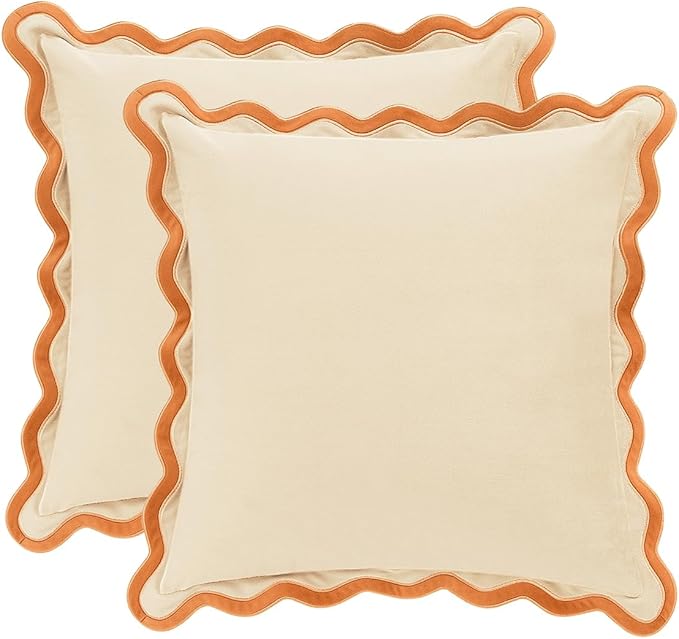MONDAY MOOSE Decorative Throw Pillow Covers Cushion Cases, Set of 2 Soft Velvet Scalloped Wavy Edge Designs, Mix and Match for Home Decor, Pillow Inserts Not Included (16x16 inch, Honey/Cream)