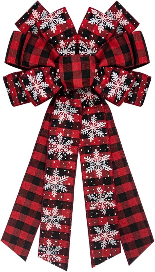 Large Christmas Wreath Bow - Red Velvet Buffalo Plaid Tree Topper Ribbon for Home Garden Indoor Outdoor Decoration Ornament Supplies