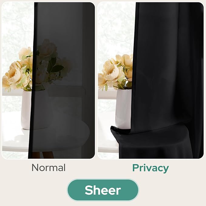 HOMEIDEAS Halloween Non-See-Through Black Privacy Semi Sheer Curtains 63 Inches Long 2 Panels Set Light Filtering Curtains for Living Room Bedroom Drapes,W52xL63