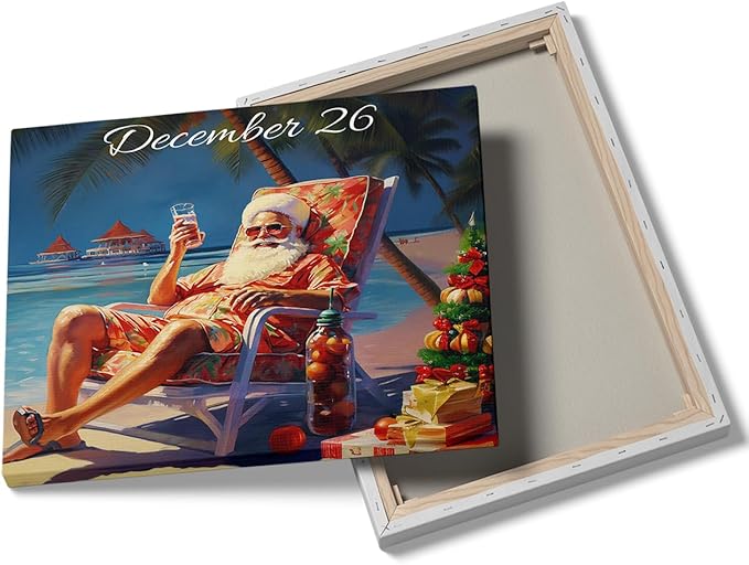 Tropical Christmas Art Print: December 26 Santa Relaxing On The Beach, Wall Art, Santa Claus Picture, Holiday Home Decor, Christmas Decor For Office, Bedroom, Living Room - Framed Art, 16x20 Inch