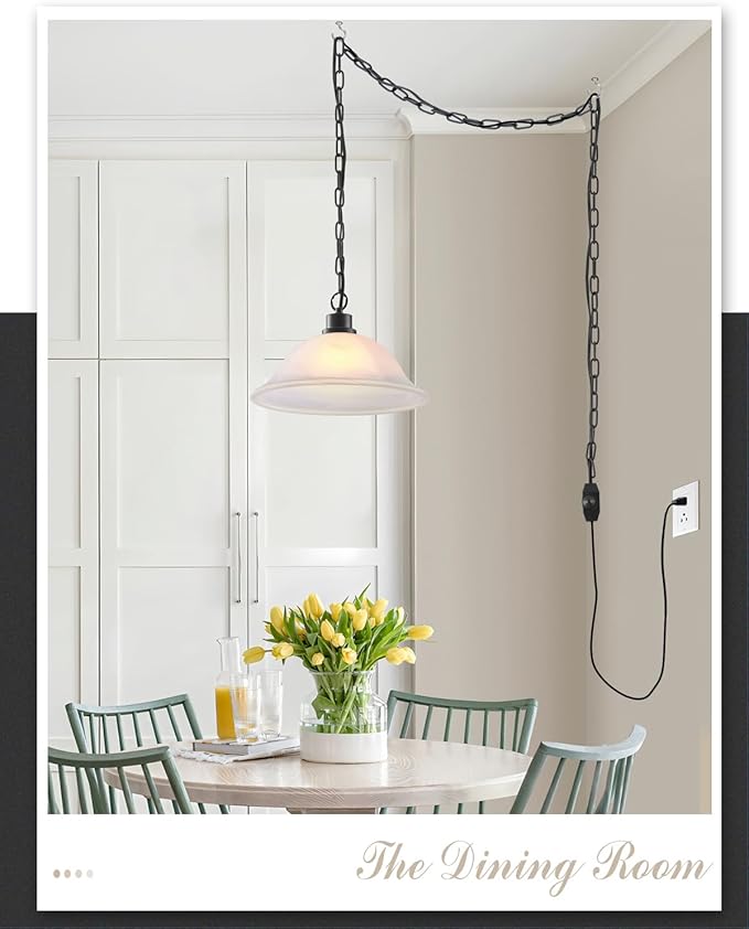 ANYLOVE Vintage Frosted Alabaster Plug in Pendant Light,12" Glass Shade,Black Chain,Adjustable Pendant Light,No Light Source,for Kitchen,Bedroom,Living Room