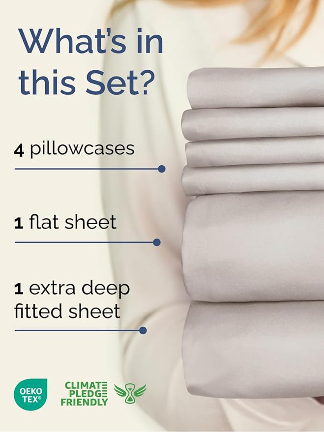 Extra Deep Full Sheet Set - 6 Piece Breathable & Cooling Sheets - Hotel Luxury Bed Sheets Set - Easy & Secure Fit - Soft, Wrinkle Free & Comfy Sheets Set - Light Grey Sheet Set with Extra Deep Pockets
