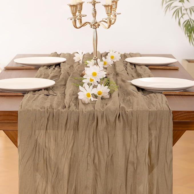 Socomi 6pcs Nude Brown Cheesecloth Table Runner Valentine's Day Boho Rustic Gauze 120 inch 10FT Cheese Cloth Runner for Wedding Party Baby Shower Birthday Home Decor Holiday Decorations