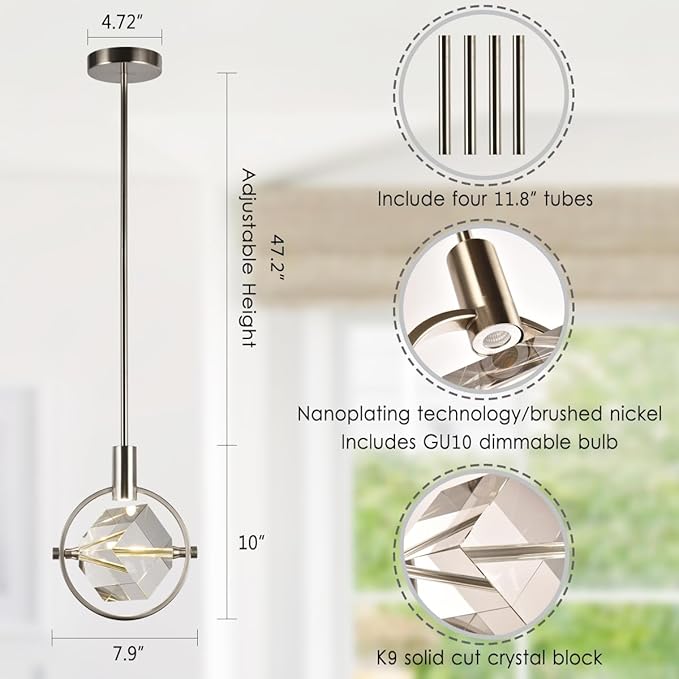 Cube Crystal Pendant Light Fixture, Modern Small Pendant Lighting for Kitchen Island, Dimmable Brushed Nickel Pendant Chandelier Hanging Light for Dining Room, Bar, Bathroom