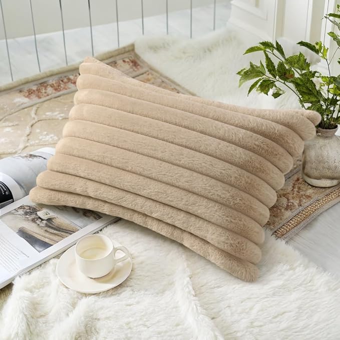 decorUhome Faux Fur Christmas Throw Pillow Covers 12x20 Set of 2, Decorative Soft Plush Striped Neutral Couch Euro Pillow Covers with Velvet Back for Sofa, Bed, Living Room Home Decor, Khaki Brown