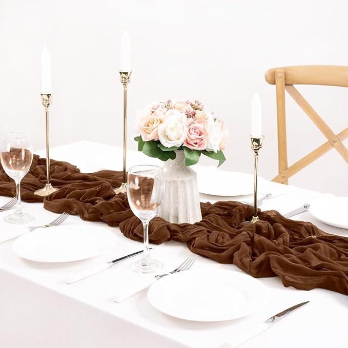 MLMC 3 Pack Brown Table Runner 10ft Boho Rustic Gauze Coffee Cheesecloth Table Runner Neutral Cheese Cloth Table Decor 35x120 Inches for Wedding Bridal Shower Reception Party Decor