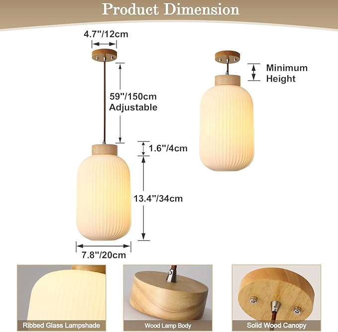 Mid Century Modern Pendant Lights Kitchen Island Large Ribbed Milk Glass Pendant Light Farmhouse Foyer Pendant Lighting Fixture White Pendant Lighting for Kitchen Island (2 Pack)