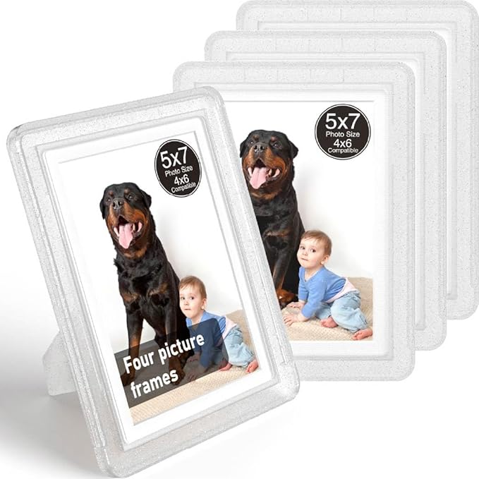 Crystal 5x7 Picture Frame with Acrylic Front 4 Pack, ABS Frame for 5x7 or 4x9 Photos, Shatterproof UV-Resistant Tabletop Photo Frame, Vertical/Horizontal Display for Home Décor