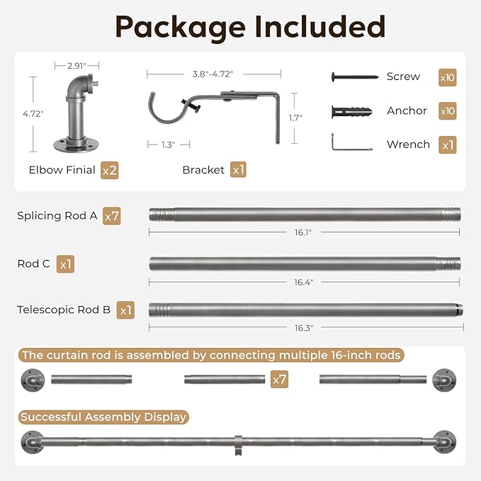 Zeerobee Curtain Rods for Windows 72 to 144, 1 Inch Industrial Wrap Around Curtain Rod, Indoor/Outdoor Room Divider Adjustable Drapery Pole, 72"-144", Grey