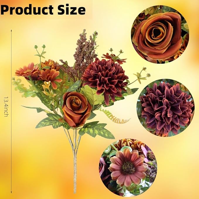 Artificial Fall Flowers, 4 Bundles Autumn Faux Flower Arrangements, Silk Roses Bouquets for Fall Decor, Home Decor, Table Centerpieces, Thanksgiving Decorations (Fall Color, 4 Bundles)