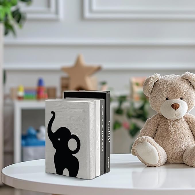 Peacoblue Metal Bookends for Shelves, Modern Decorative Heavy Duty Study Book Support Stoppers for Office, Desk, Shelf, Room 4.7"x3.5"x7.9" Cast Iron Simple Tall Bookends, 1 Pair (Cute Elephant)