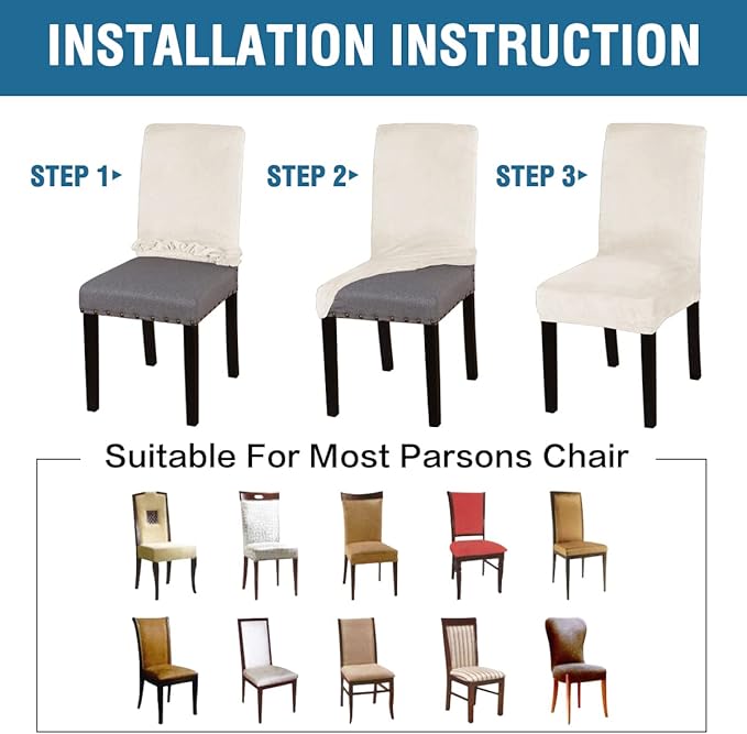 H.VERSAILTEX Dining Chair Covers Velvet Stretch Chair Covers for Dining Room Set of 6 Parson Chair Slipcovers Chair Protectors Covers, Soft Thick Solid Velvet Fabric Washable, Ivory