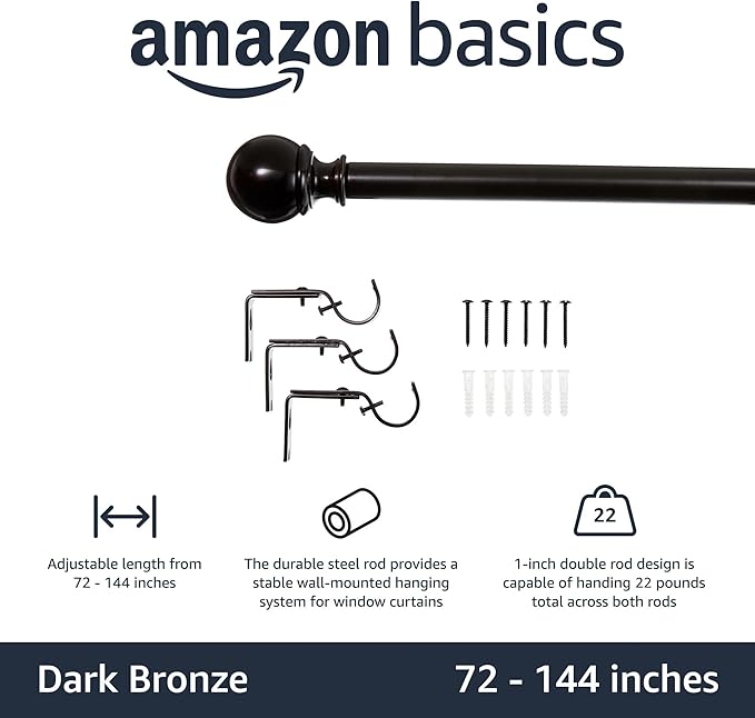 Amazon Basics Adjustable Curtain Rods for Windows, Round Finials, 1-Inch Rod, 72" to 144", Dark Bronze, Pack of 1