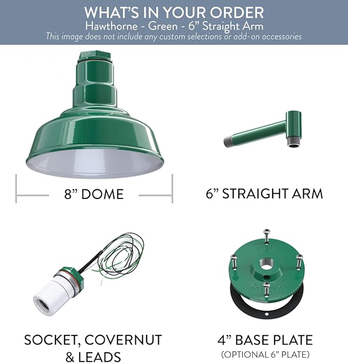Steel Lighting Co. Hawthorne Barn Light | Outdoor Wall Mounted | 8 inch Dome | 6 inch Straight Arm| Small Farmhouse Light Made in America | Green Exterior/White Interior