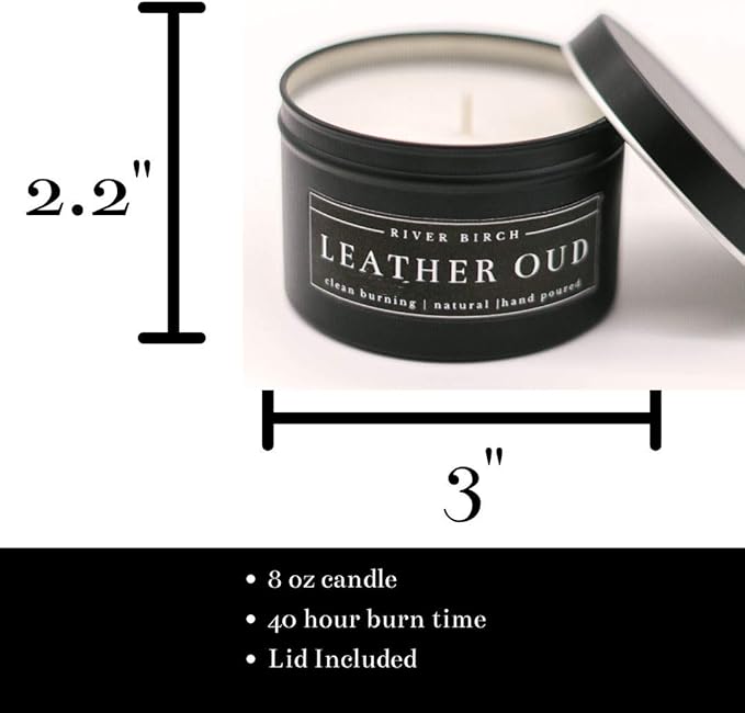 River Birch Candles Leather Oud Scented Candle | Premium, All-Natural, Non-Toxic, Soy Candles | 8 oz. Black Matte Tin Travel Candle | Cozy Relaxing Gifts for Home