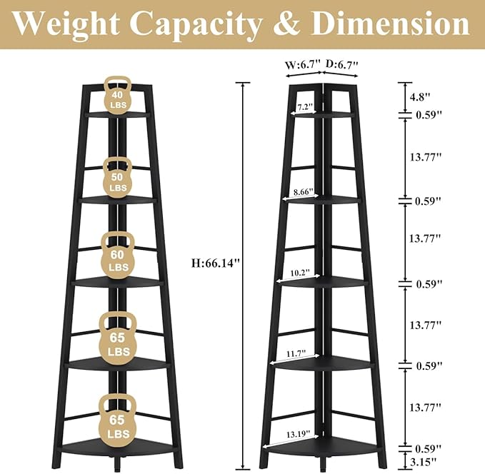 BON AUGURE Corner Ladder Shelf, 5-Tier Black Metal Wood Corner Bookshelf, Narrow Tall Bookcase Shelving Unit for Living Room, Home Office, Small Space (Black Oak)