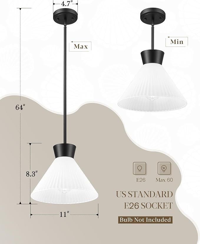 Pendant Lights Kitchen Island, HWH Milk Glass Pendant Light Black Hanging Light Fixture 1-Light, 11'' White Glass Pendant Lighting Height Adjustable, 5HZG98MIL BK