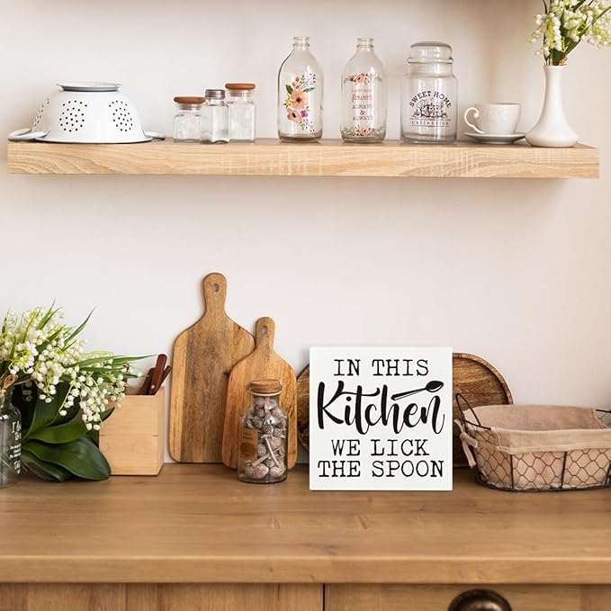 Farmhouse Kitchen Decor, In This Kitchen We Lick the Spoon Sign, Decorative Signs and Plaques, White Wooden Box Sign, Farmhouse Home Decor, Desk Decors Art, Housewarming Gift