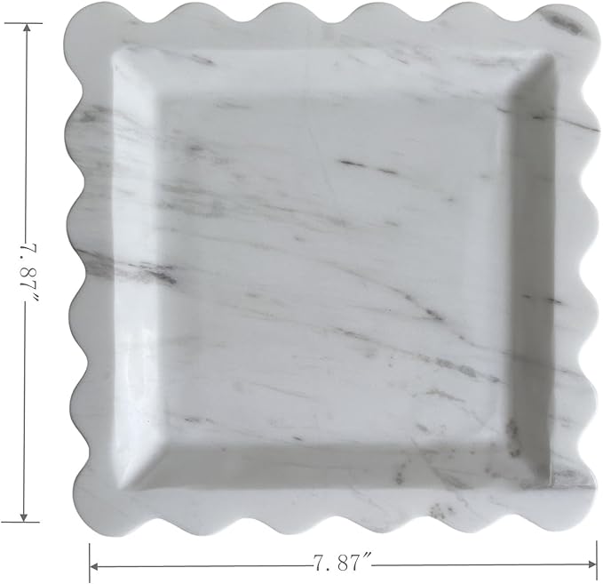 Vintage Natural Marble Tray Small Ornaments Scalloped Tray Handmade Storage Dish for Counter, Vanity, Dresser, Nightstand and Desk (Volakas White)