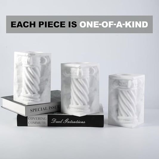Decorative Roman Column Book Ends & Vase - Heavy Duty Marble Book Ends for Heavy Books, Vintage Home Office Decor, Dual Use as Flower Vase, Natural Stone Bookends for Shelves (2PC, White)