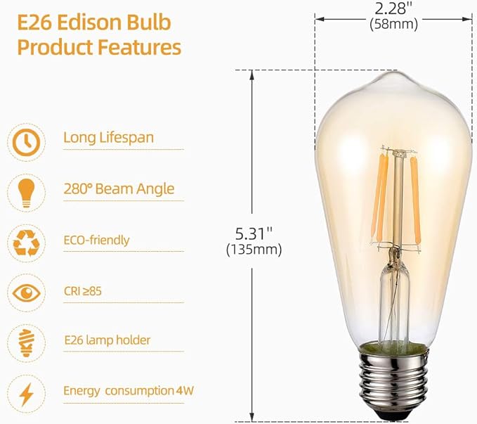 HESSION Vintage LED Edison Bulbs 4W ST58,Equivalent 60W,Dimmable,6 Pack E26 Base 400Lumens, 2700K Warm White, Antique LED Filament Bulb,85+ CRI, Edison Light Bulbs Amber Glass for Home, Bedroom