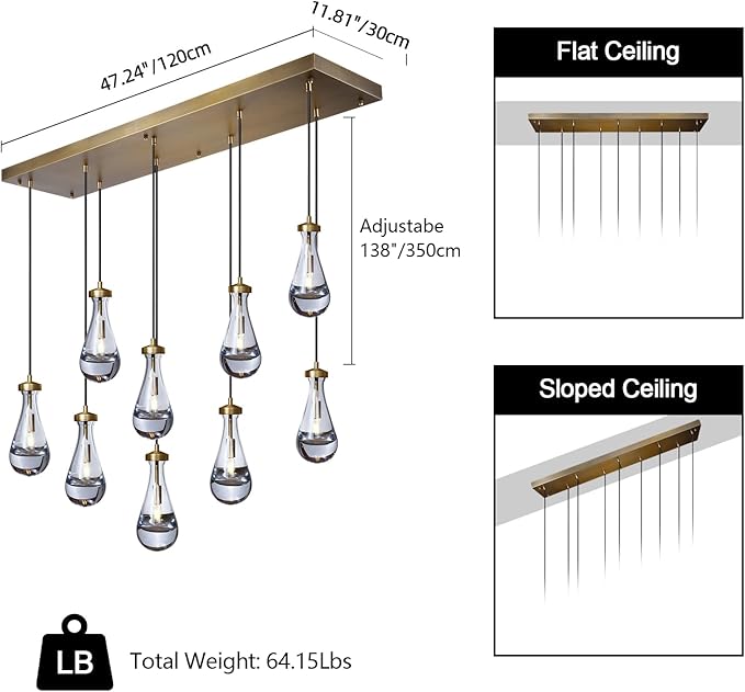 Raindrop 9-Light Chandeliers for Dining Room Gold Dining Room Lights Fixture Over Table, Brass Pendant Lights Kitchen Island, Adjustable Rope Teardrop Hanging Lamp Ceiling for Living Room