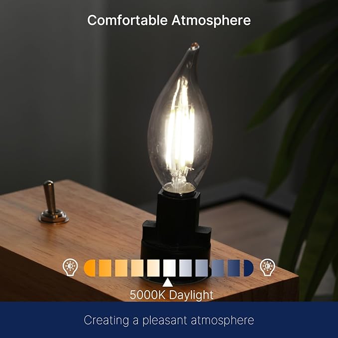 FLSNT LED Candelabra Light Bulbs, CA11 E12 Chandelier LED Light Bulbs 60W Equivalent, 5000K Daylight, 550LM, 5.5W, 90+ High CRI, AC 120V, 12 Pack, Dimmable UL,CA65 Listed.