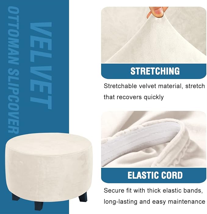 H.VERSAILTEX Round Ottoman Covers Slipcover Footstool Protector, Storage Stool Covers Stretch with Elastic Bottom, Feature Real Velvet Plush Fabric (Medium, Ivory)