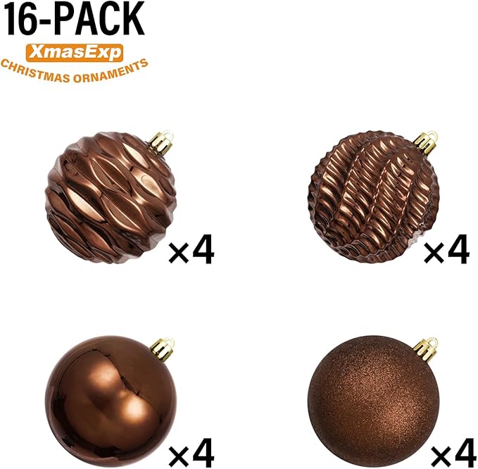 XmasExp 16ct Christmas Balls Ornaments - Shatterproof Large Hanging Ball Decorative Xmas Balls for Holiday Wedding Party Xmas Tree Decoration(3.15"/80mm, Brown and Champagne)
