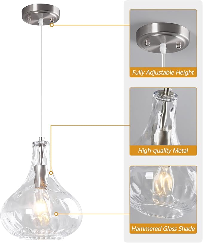 Modern Glass Pendant Light 9.44 in Clear Hammered Glass Shade Brushed Nickel Farmhouse Island Pendant Lights for Kitchen Pendant Lighting Over Sink Bedroom Dining Room