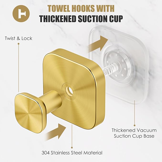 BKV Suction Cup Hooks for Shower,Heavy Duty Shower Hooks for Bathroom Wall,Glass Windows,Smooth Doors to Hang Towels,Robes,Coat,Reusable Suction Cup Wreath Hanger for Christmas Wreaths-Gold(2 Pack)