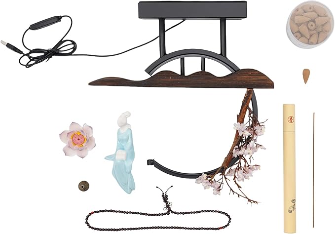 Backflow Incense Burner, Chinese Style Peach Blossom Incense Holder with LED Light, Ceramic Incense Cone Burner Home Decor for Office/Living Room