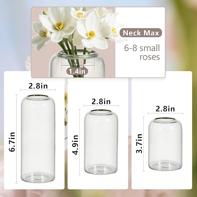 Glass Bud Vases Set of 24 Clear Flower Vase for Centerpieces Shelf, 3.9'' 4.9'' 6.7'' Modern Small Vases for Living Room Bedroom Office Home, Decor for Wedding House Warming Party