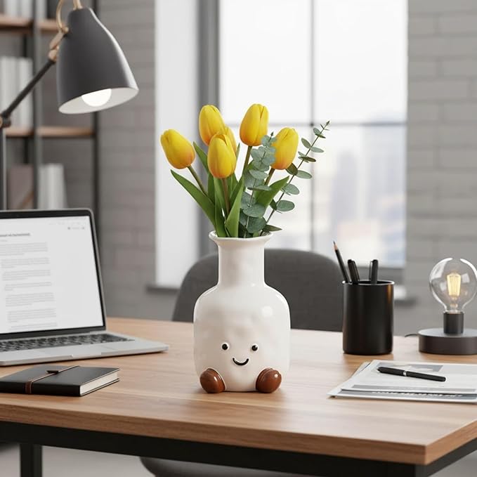 Cute Smile Face Vase – White Ceramic Cute Flower Vase for Home Decor, Modern Decor Vase for Living Room Bedroom, for Women Friends Family