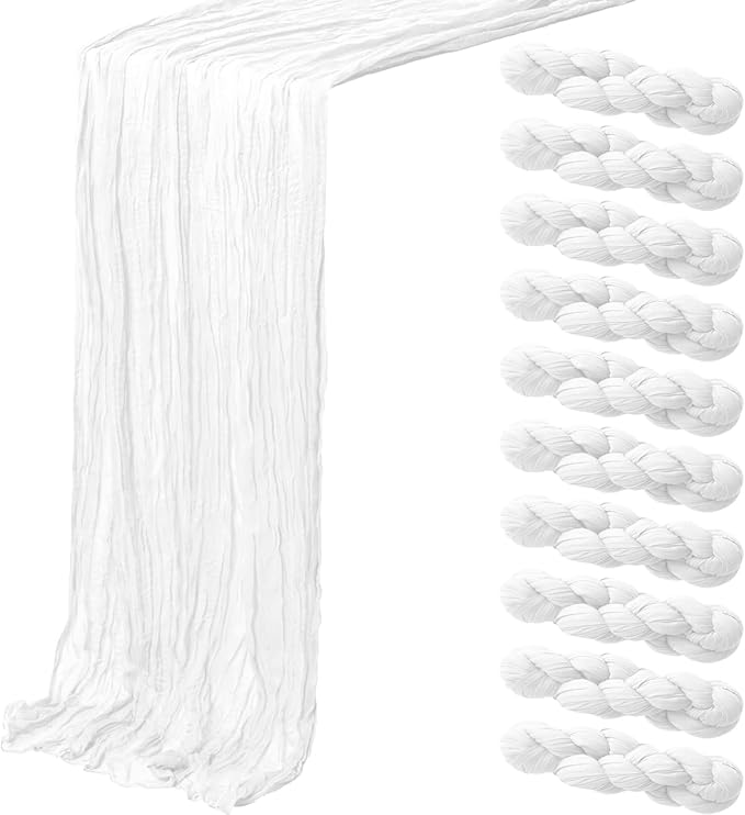 10 Pack White Cheesecloth Table Runner,10FT/120 Inch Boho Gauze Fabric Table Runner,Rustic Sheer White Cheese Cloth Runner Bulk for Wedding,Bridal Baby Shower,Christmas Party,Holiday Home Table Decor