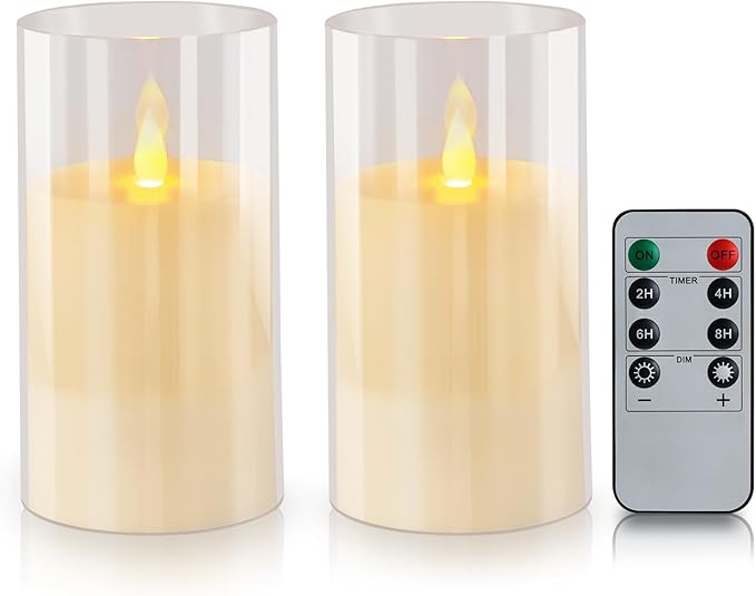 Flameless Candles 4" 5" 6" Set of 3 Acrylic Glass Pillars 3" Diameter Battery Operated Flickering Candles Include 10-Key Remote with Timer Function 400+ Hours (Pure White, Warm Light 2 Pack)
