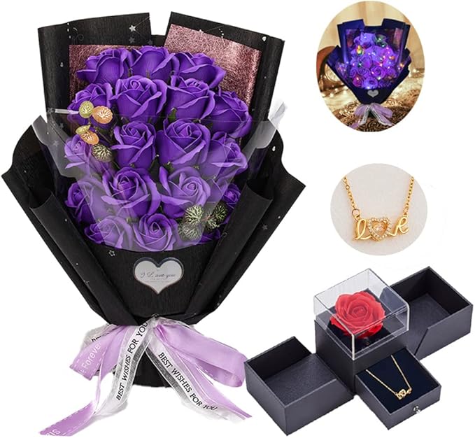 EIGHTOWN Roses Bouquet Artificial Flower - Preserved Purple Rose Flowers with Love Necklace for Her - Unique Gifts Valentine's Day, Mother's Day, Thanksgiving, Birthday, Anniversary