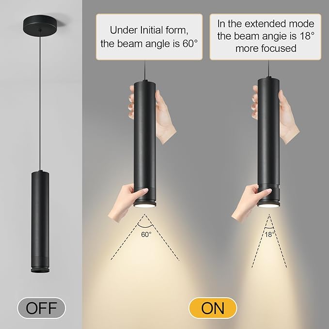 Adjustable Focus LED Pendant Lights Kitchen Island 1 Pack Black Pendant Light Mini Modern Pendant Lighting for Kitchen Bedroom Dining Room Cylinder Pendant Spot Light, 4000K