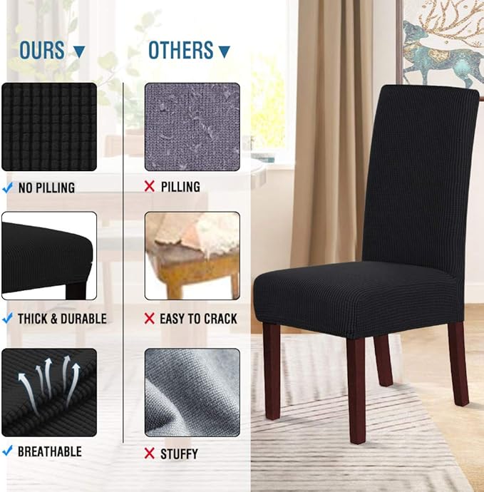 H.VERSAILTEX Stretch Dining Chair Covers Set of 6 Chair Covers for Dining Room Parsons Chair Slipcover Chair Protectors Covers Dining, Feature Textured Checked Jacquard Fabric, Black