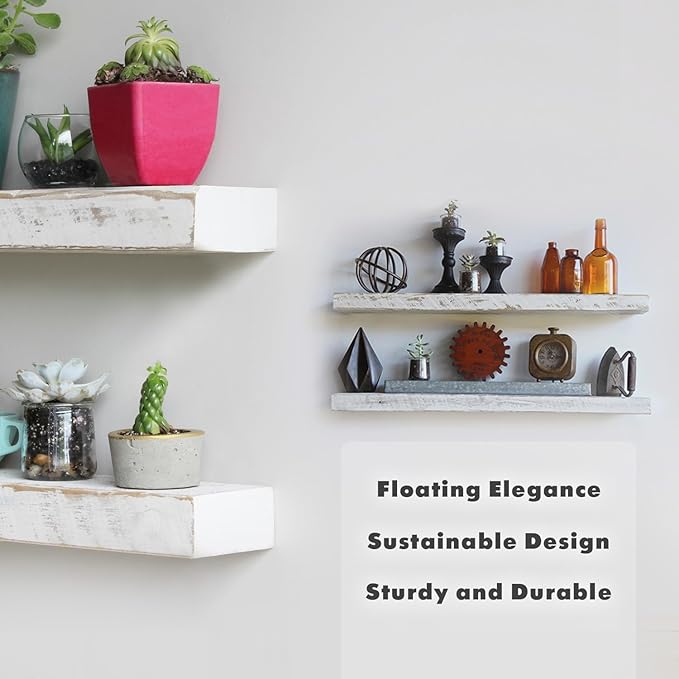 Urban Legacy Reclaimed Barnwood Planks | Floating Shelves for Wall w/Flush Mount Shelf Bracket Set Included | Set of 2 (White Wash, 24"x 4.5"x 2")