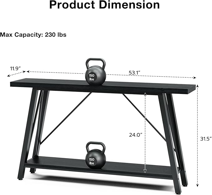 GAZHOME Console Table with Storage Shelf - Industrial Style Sofa Table Behind Couch for Living Room & Entryway, Black,53.1 Inch