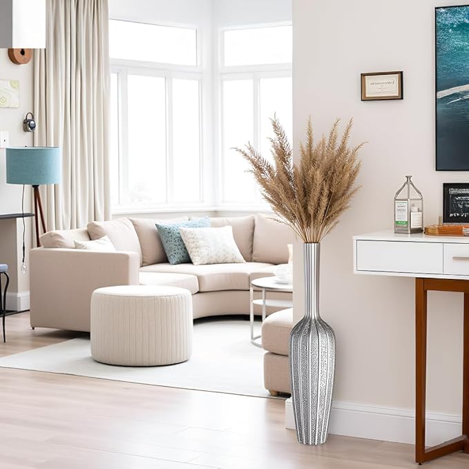 Elegant Silver Floor Vase - 23.62 Inch Tall Decorative Vase for Dried Flowers & Home Décor, Resin Tall Floor Vase, Silver Vases