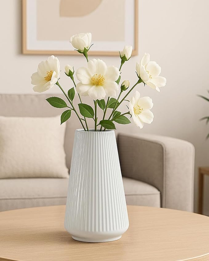 White Ceramic Vase – Frosted Elegant Flower Vase for Pampas Grass, Dried or Fresh Flowers, Modern Minimalist Farmhouse Home Decor for Living Room, Dining Table, Wedding Centerpiece