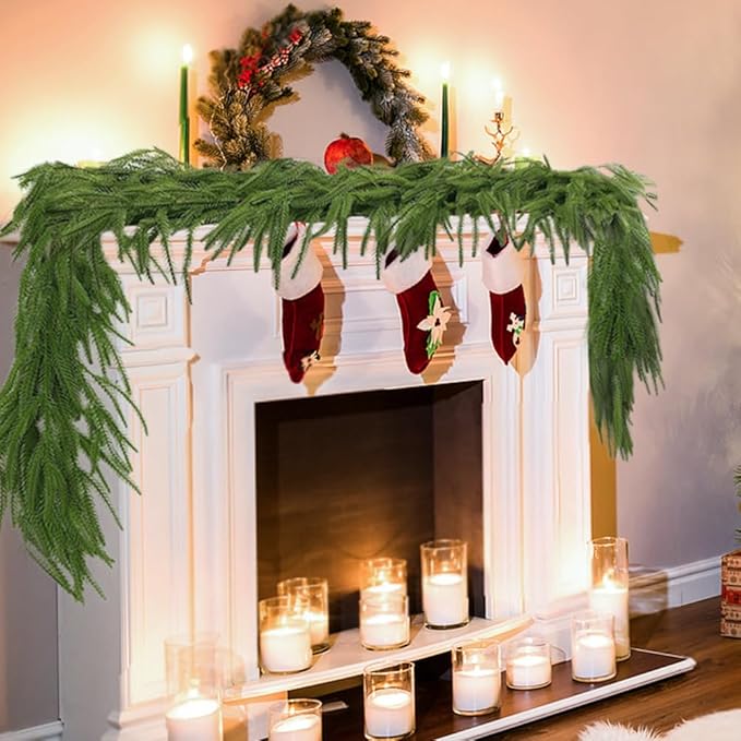2 Pcs 6FT Norfolk Pine Garland Realistic Real Touch Artificial Faux Greenery Garland for Winter Decorations for Home Window Fireplace Garland for Mantle Table Holiday Indoor Outdoor Garland