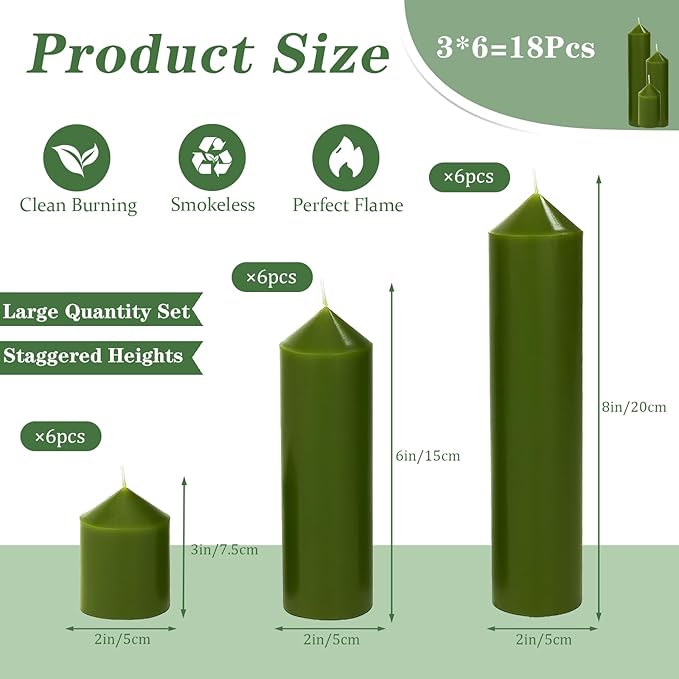 18 Pcs Green Pillar Candles Bulk Set，Hurricane Candles，3 Different Lengths (6 Each)，Dripless Unscented Smokeless，Gives You a Better Atmosphere When Organizing Wedding or Event Party.