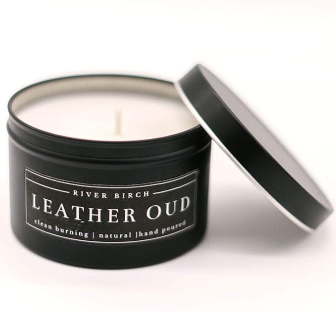 River Birch Candles Leather Oud Scented Candle | Premium, All-Natural, Non-Toxic, Soy Candles | 8 oz. Black Matte Tin Travel Candle | Cozy Relaxing Gifts for Home
