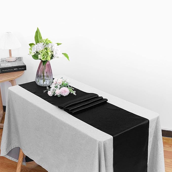 12 Pack Black Table Runners, Satin Seamless Table Runner 12x108 Inches Long, Silk and Smooth Fabric Table Runner for Wedding, Parties, Banquets, Halloween Decoration